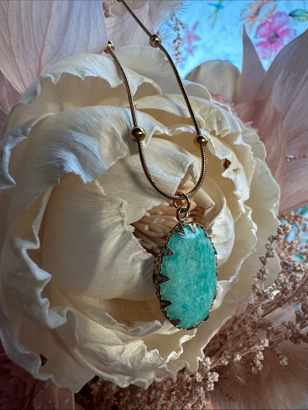 Amazonite Aqua Stone Gold Adjustable Necklace Turquoise Pendant Boho Coastal